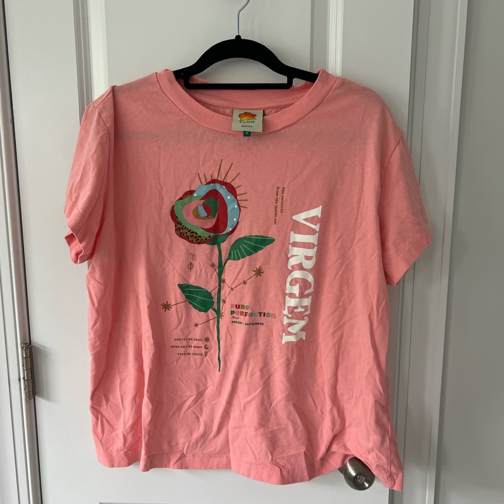 FarmRIO Pink Graphic Virgo T-Shirt with Rose Design